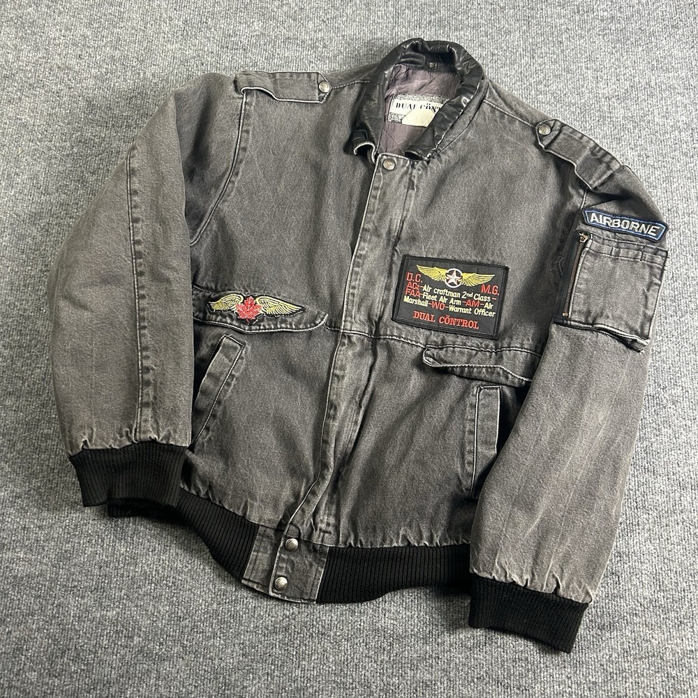 VTG Rare Dual Control Bomber Jacket Gray Canvas Canada Made 80s Military Patch M